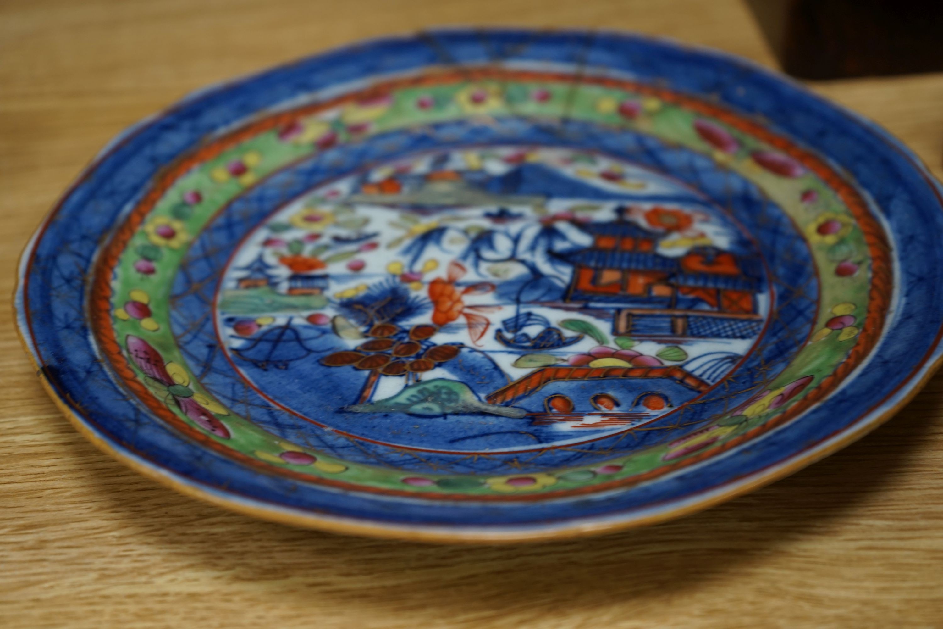 A Japanese blue and white dish, a Chinese blue and white meiping and a clobbered plate 33cm